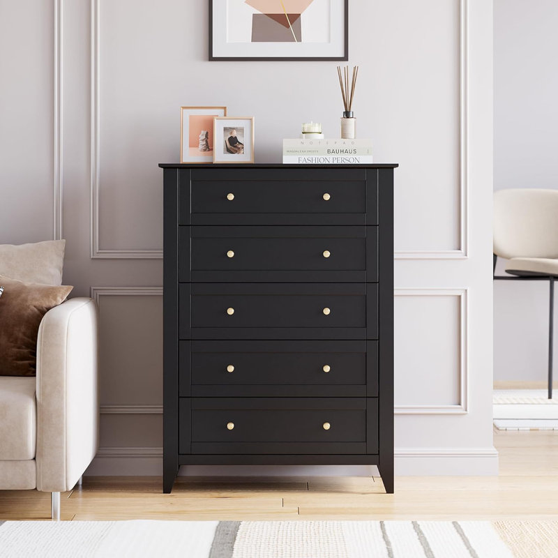Commode haute 5 tiroirs 2 pièces, commode en bois avec poignées dorées, noir