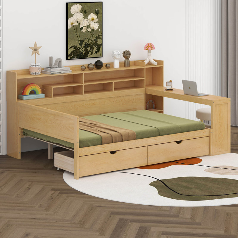 Tiaisha Full Size Multi-functional Bed with Two Storage Drawers and Study Desk, Natural