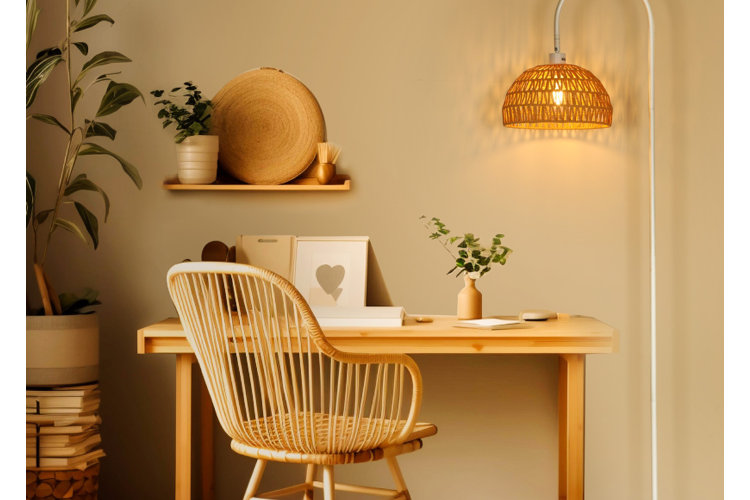 cozy home office with a rattan floor lamp casting warm light