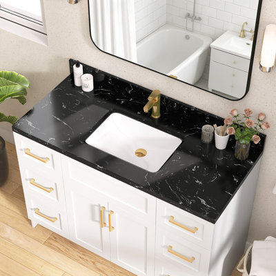 Évier de salle de bain 48 po x l 22 po en pierre reconstituée avec comptoir et comptoir en céramique Dosseret en H et trou de robinet pré-percé simple