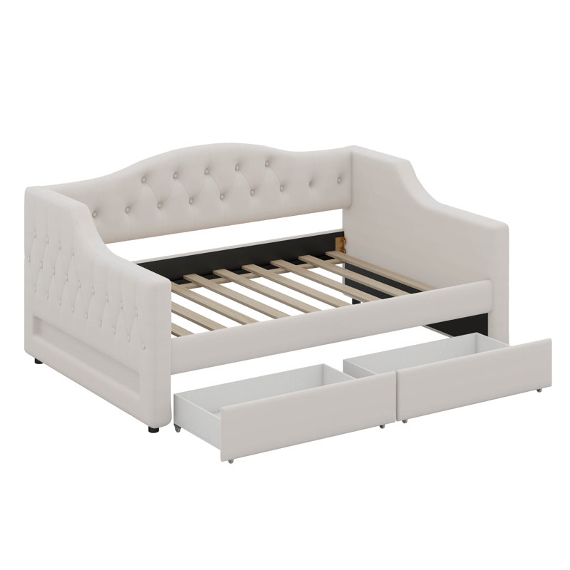 Lit de jour rembourré simple TG avec tiroirs de rangement, DEL réglable, Beige