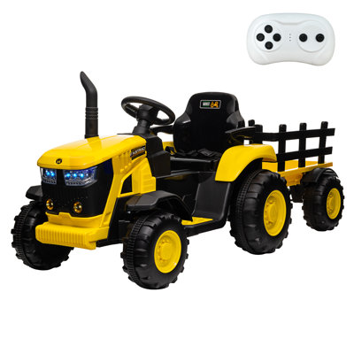 12V Kids Ride-On Tractor with Remote, Electric Tractor w/ Dual Motors, Detachable Trailer, Music & LED Lights
