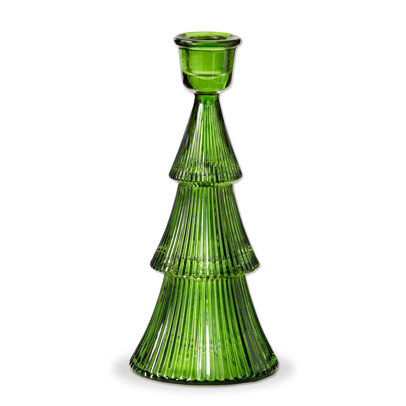  Glass Ribbed Tree Taper Candle Holder Small , 7.5" H x 3.5" W x 3.5" D, Green