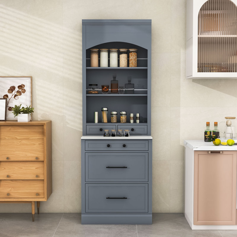 Garde-manger haut avec haut plateau en faux marbre, tablettes de rangement et tiroirs, Noir, noir, noir, noir, Gris