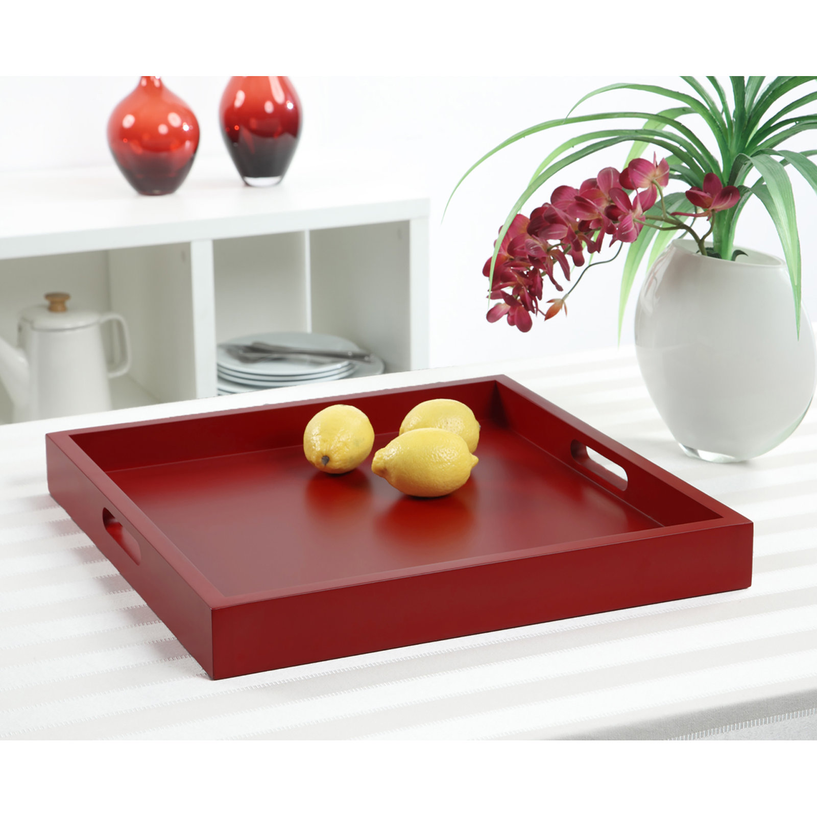 Burke Square Manufactured Wood Serving Tray with Handles, Red