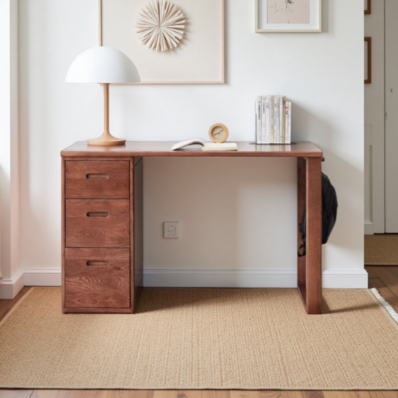 Solid wood red oak desk with drawers, 29.52" H x 39.37" W x 22.04" D