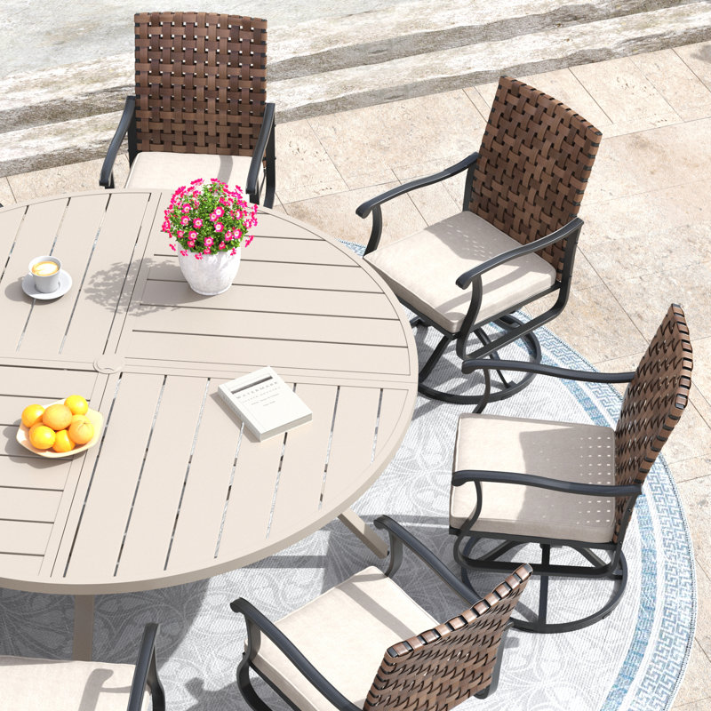 8-Person Outdoor Dining Set with 60" Round Dining Table and 8 Swivel PE Rattan Chairs & Cushions, Sandshell