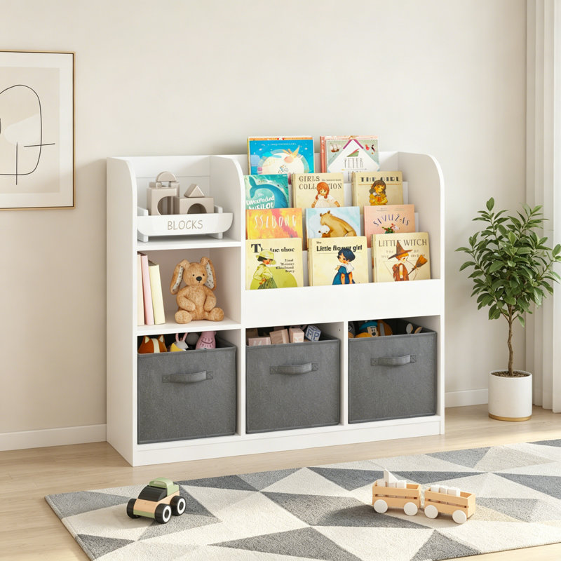 Kids Bookcase And Bookshelf With 3 Collapsible Fabric Drawers Display Stand