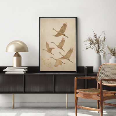 «Serene Beige Crane Group Soaring in Harmony», reproduction d'art sur toile encadrée