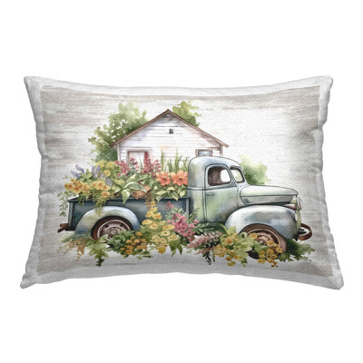Country Floral Truck Printed Outdoor Throw Pillow Design by Lettered and Lined