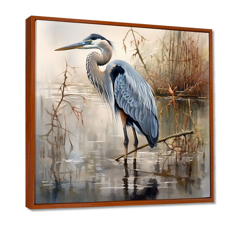 «Graceful Heron Waterbird IV - Heron», art mural, H 16 po x l 16 po, Reproduction avec cadre flottant, Brun