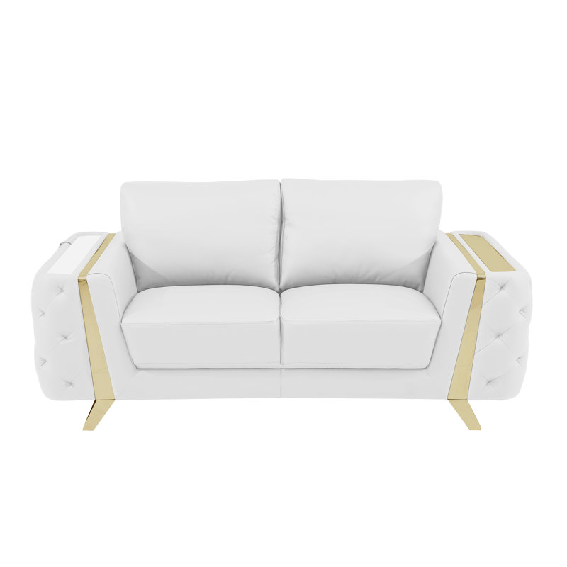 Anissa 72" Genuine Leather Square Arm Loveseat, White, Gold