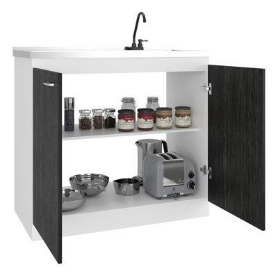 Gray White Utility Sink With Exchange Option Faucet And Integrated Stainless Steel Top, Freestanding Cabinet Two Doors Storage For Kitchen Garage Use Surface, Interior Shelves Home Office Spaces