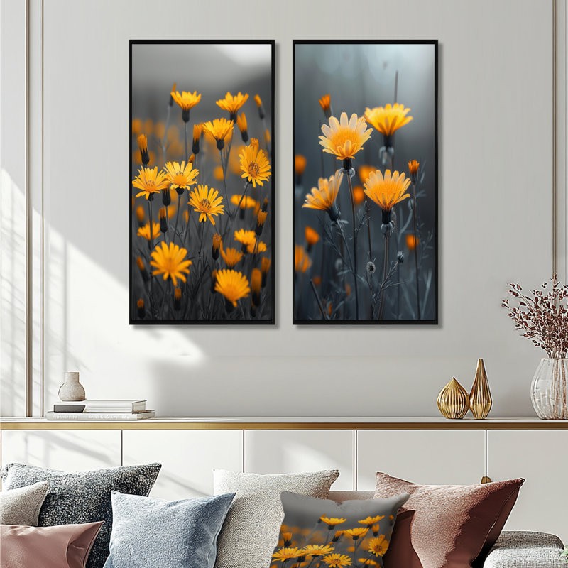 Ensemble de 2 pièces de marguerite dans le vent I - Daisy, H 28 po x l 24 po, Impression encadrée, Noir, noir, noir, noir