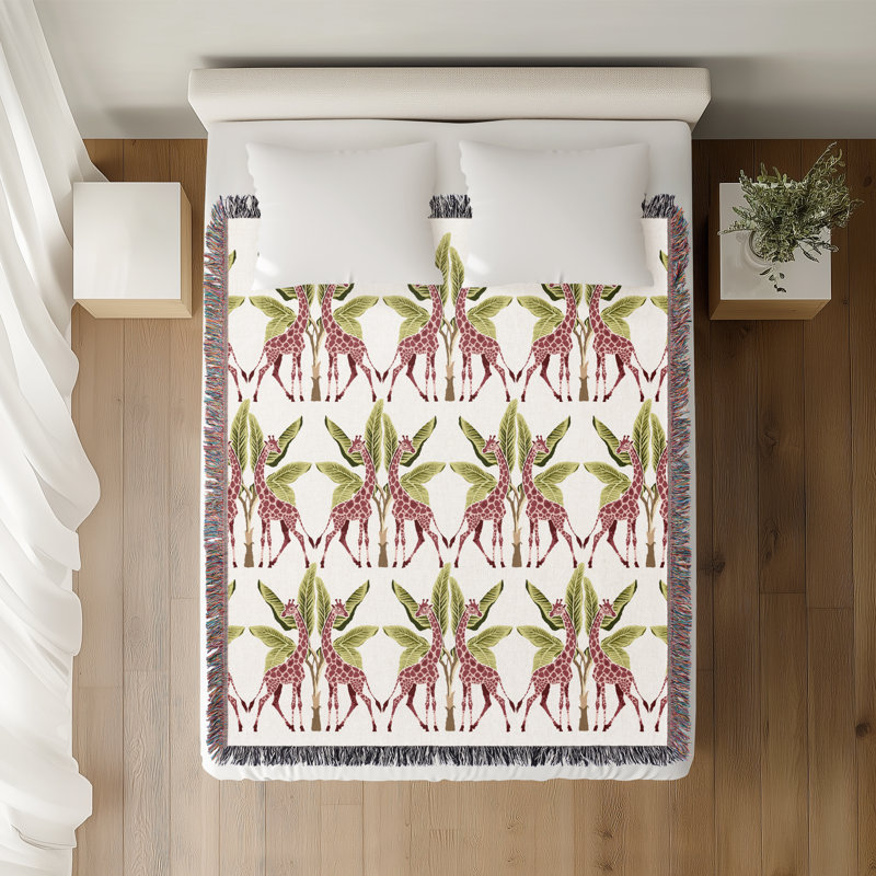Jeté en mélange de coton Kossy Giraffe, L 70 po x l 50 po, Rose / vert / blanc cassé