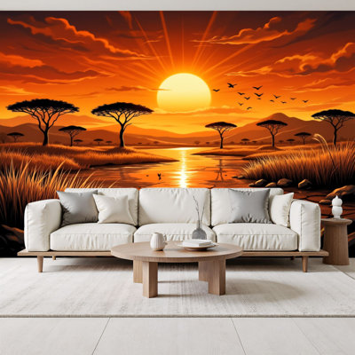 Papier peint à peler et coller, coucher de soleil africain, arbres d'acacia, oiseaux, ciel orange chaud, peintures murales, faune, H 69 po x l 96 po, papier peint amovible en PVC, peinture murale auto-adhésive, décoration pour le salon de la chambre à coucher