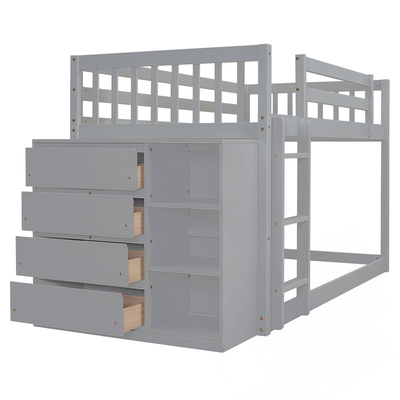 Lit superposé simple au-dessus de simple avec 4 tiroirs, 3 tablettes et construction en pin massif pour un gain de place et de durabilité