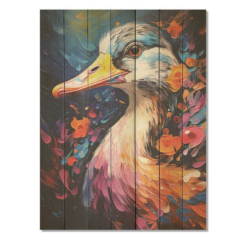 Portrait de canard bleu et jaune II - animal de canard sur bois, H 20 po x l 10 po