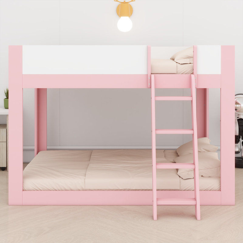 Lit double superposé double pleine grandeur, lit superposé convertible en bois avec échelle réversible et garde-corps de sécurité, rose et blanc