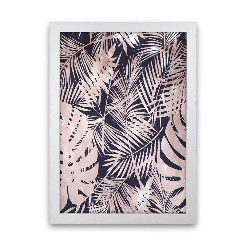 Lux Leaf Print Pink And Navy by Pixy Paper - Print, 42cm H x 29.7cm W x 3cm D, White Framed