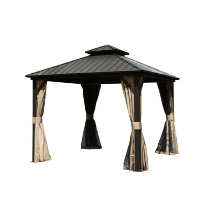 Pavillon de jardin 8 pi x 8 pi avec filet, métal en aluminium, acier galvanisé, brun - Profitez de l'intimité dans votre cour arrière, auvent de toit double en acier de 8 pi X, aluminium, rideau, pour patio, pelouse