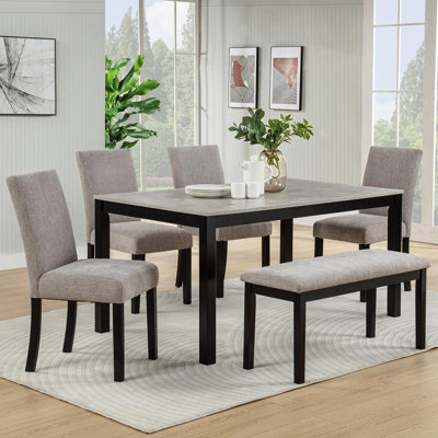 Ensemble de table de salle à manger 6 pièces avec banc, table de cuisine en bois massif avec plateau en mélamine effet béton et 4 chaises rembourrées pour la salle à manger, la cuisine, le restaurant, gris et noir
