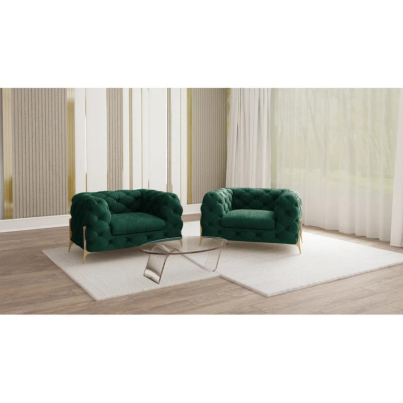 Atoka Chesterfield Armchair with Gold Metal Legs, Bottle Green
