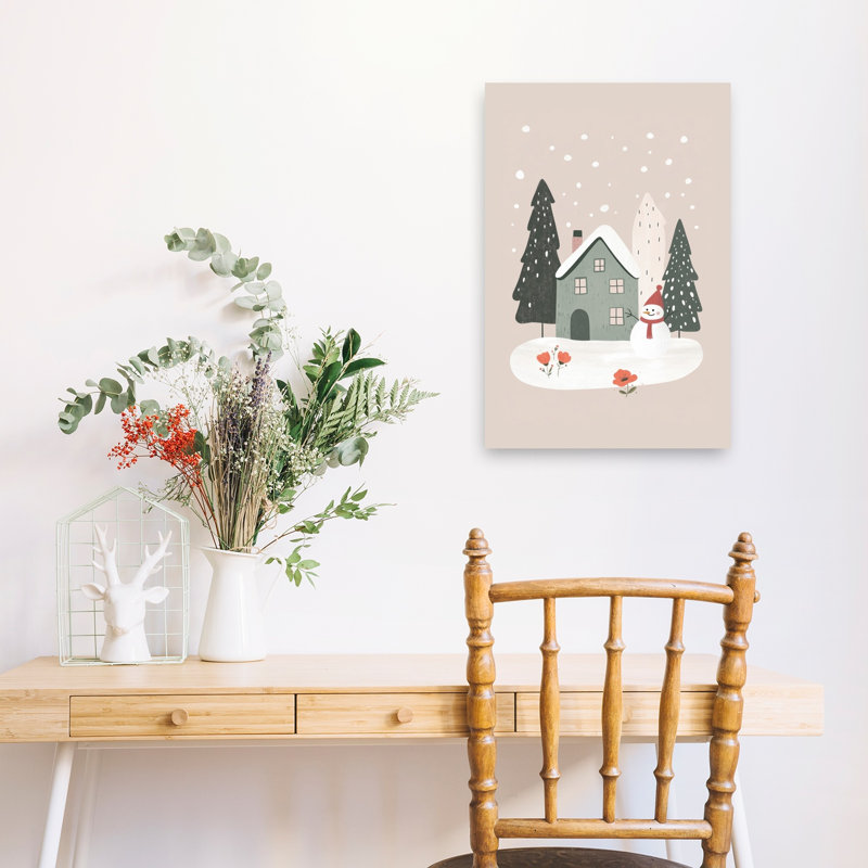 Charming Winter Snowman Abstract Fir Poppy Landscape Nature Wall Art Print 1 Piece Wrapped Canvas Wall Art