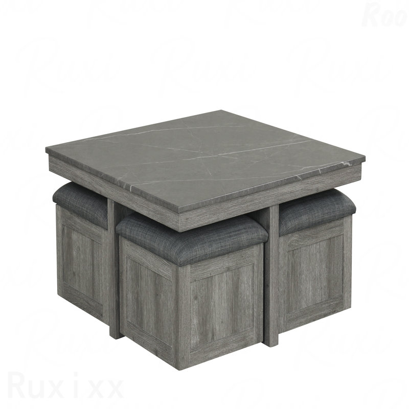 Ensemble de 5 tables basses carrées avec plateau en faux marbre et 4 tabourets de rangement