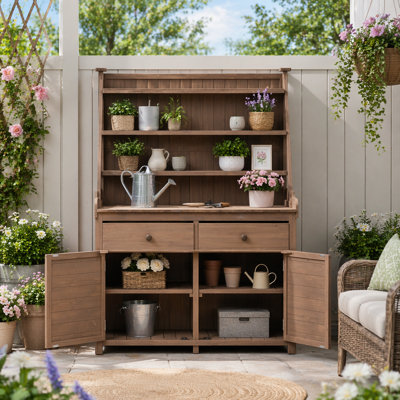 Banc de jardinage en bois de sapin 65 "avec tablettes, tiroir et armoire
