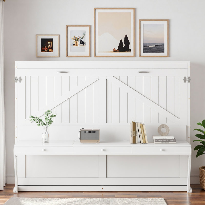 Murphy Bed With Vanity Desk, Center Mirror And 2 Side Drawers, White