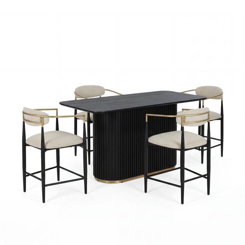 Kyra 5-Piece Mid-Century Modern Counter Height Bar Set With Metal Accent Upholstered Stools, Beige/Gold/Black, Black