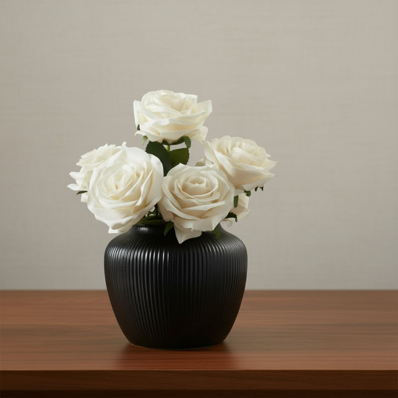 2-Piece 5-Inch Black Textured Striped Round Ceramic Vases