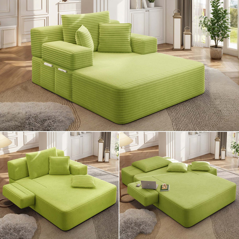 Luxueuse chaise longue convertible avec fonction canapé-lit 2-en-1, coussin en mousse à ressort, pochette de rangement et conception sans assemblage pour les petits espaces