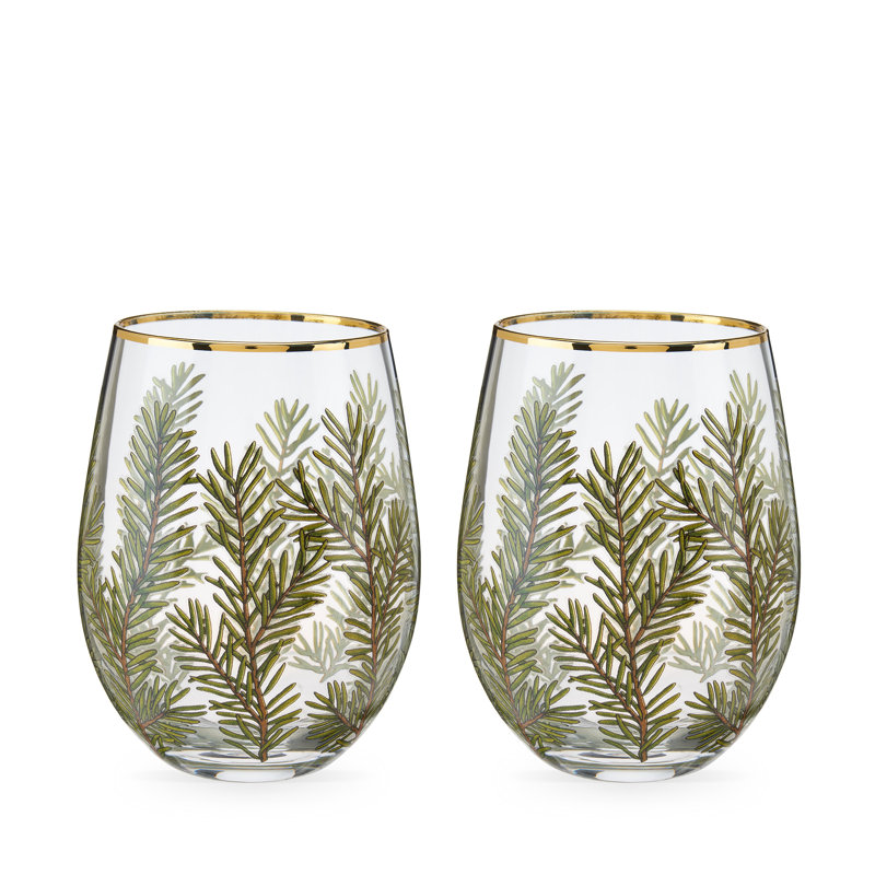 Winter Woodland Stemless Wine Glasses with Gold Rim, 16oz, Set of 2