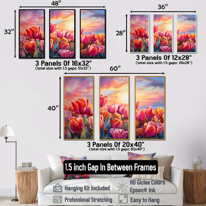 Tulipes, coucher de soleil III, ensemble d'art sur toile, H 40 po x l 60 po x P 1 po, Cadre flottant blanc