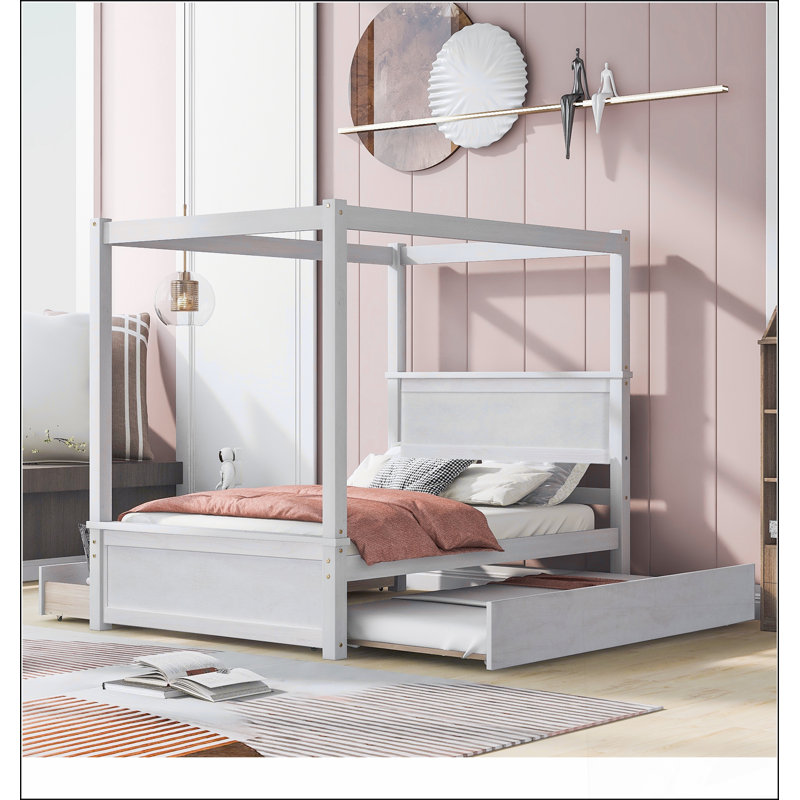 Canopy Bed With Trundle Bed And Two Drawers ,Canopy Platform Bed With Support Slats