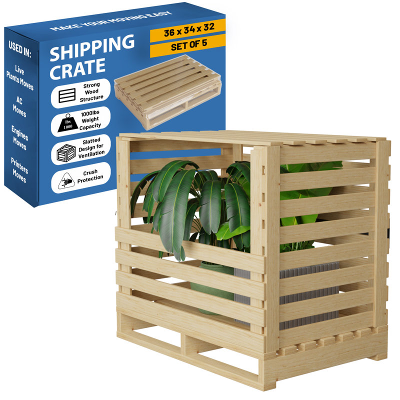 Wooden Stackable Shipping Crate With Slatted Heavy Duty Structure, Easy To Storage & Transport Any Items, Set Of 5, 36 X 34 X 32, Beige