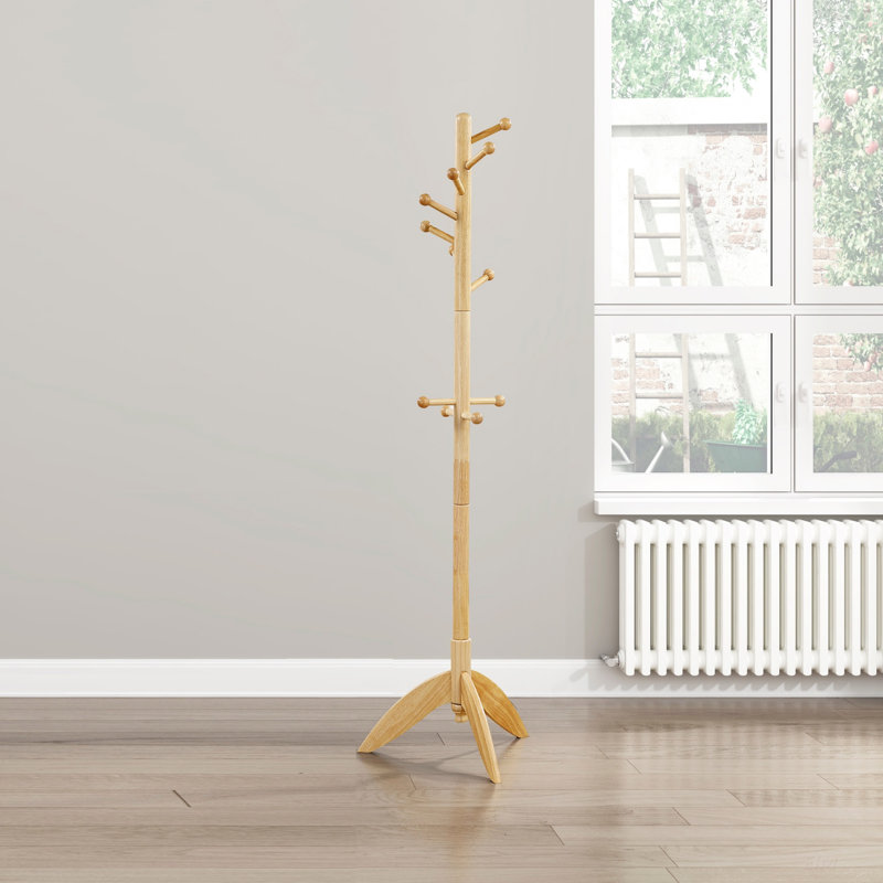 Natural Finish Solid Wood Coat Rack With 11 Hooks, Ideal For Entryway And Home Organization, Natural
