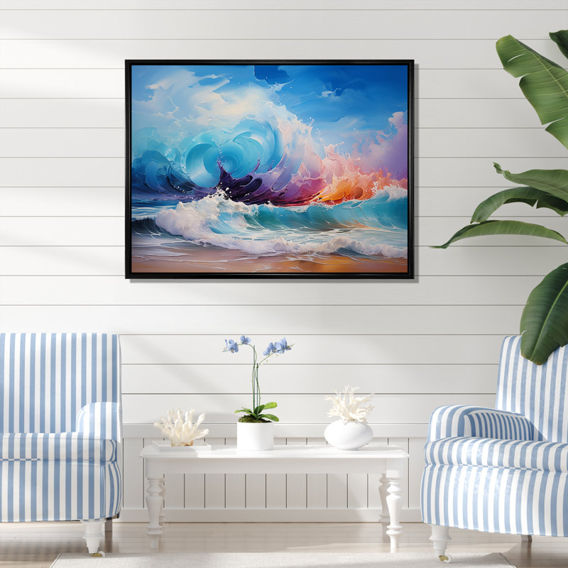 «Vibrant Beach Waves 4» - art mural vagues côtières, H 12 po x l 20 po x P 1 po, Cadre flottant noir