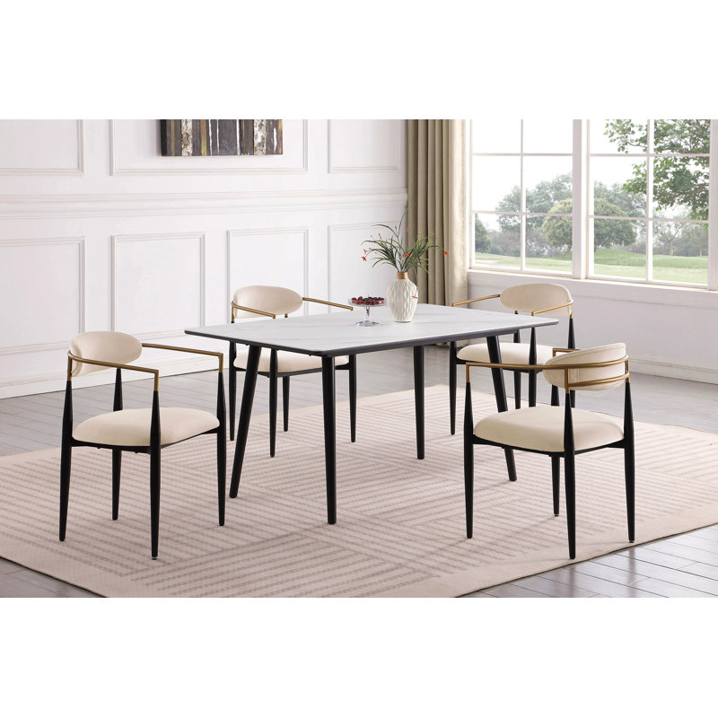 Modern Contemporary 5Pc Dining Set White Sintered Stone Table And Taupe Chairs Fabric Upholstered Stylish Furniture