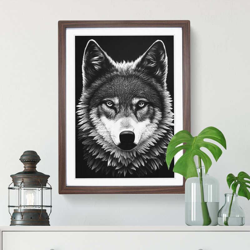Monochrome Wolf No.5 - Wall Art, 34cm H x 25cm W x 2cm D, Walnut Framed