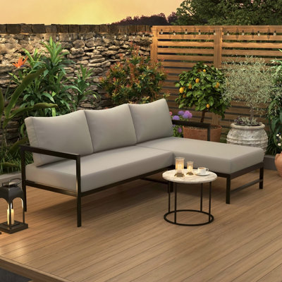 Outdoor L-Shaped Sofa with Iron Frame,Weather-Resistant Patio Sofa Set with Ultra-Thick Cushions,Comfortable Seating for 3,Ideal for Patio, Balcony,and Garden