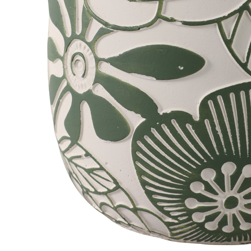 Planters Pottery & Cement Floral Carved Pattern Garden Style For Indoor/Outdoor Use Set Of 2 - 7", 6" White & Green