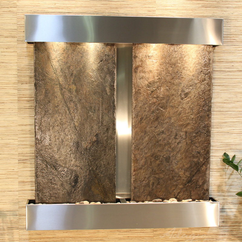 Aspen Falls Wall Fountain with Light, Stainless Steel, Green Slate