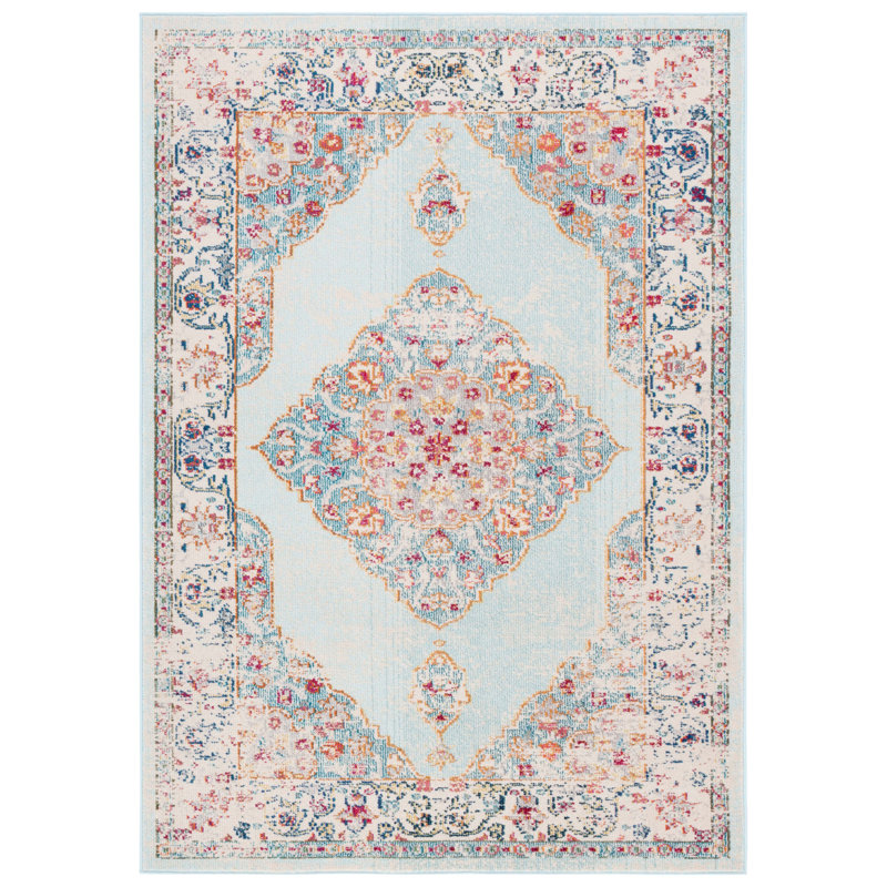Tapis oriental oriental fabriqué à la machine ivoire / turquoise, Rectangle 5 pi 1 po x 7 pi 7 po