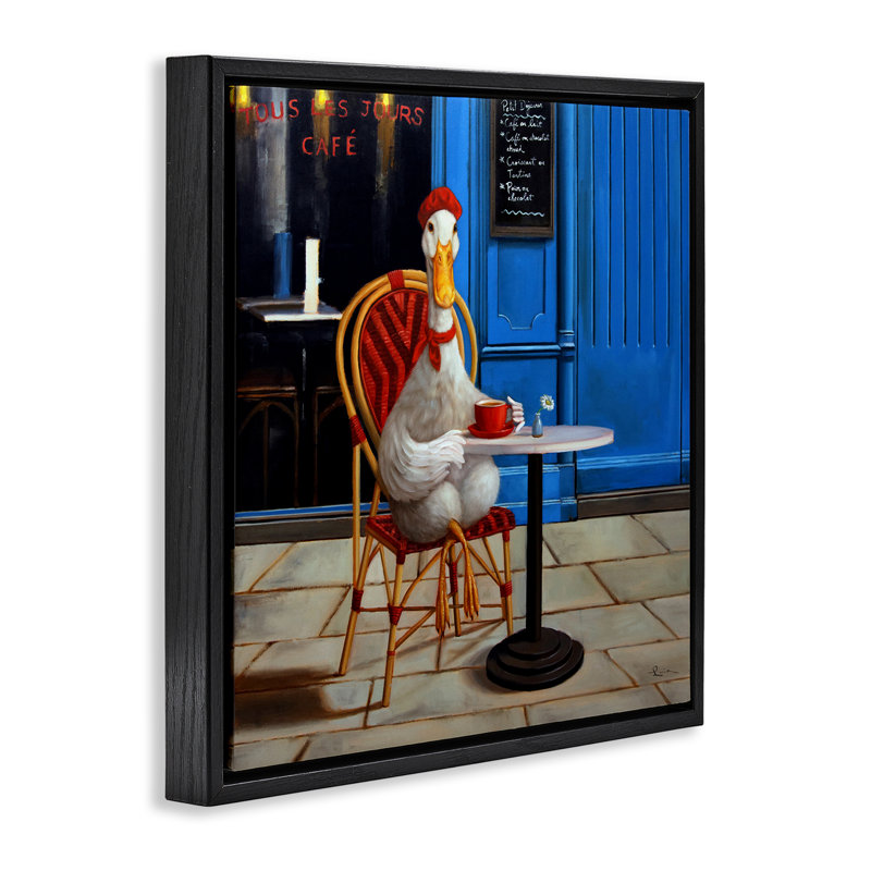 Trendy Duck at Cafe Floating Frame, design by Lucia Heffernan, 18" H x 18" W, Black