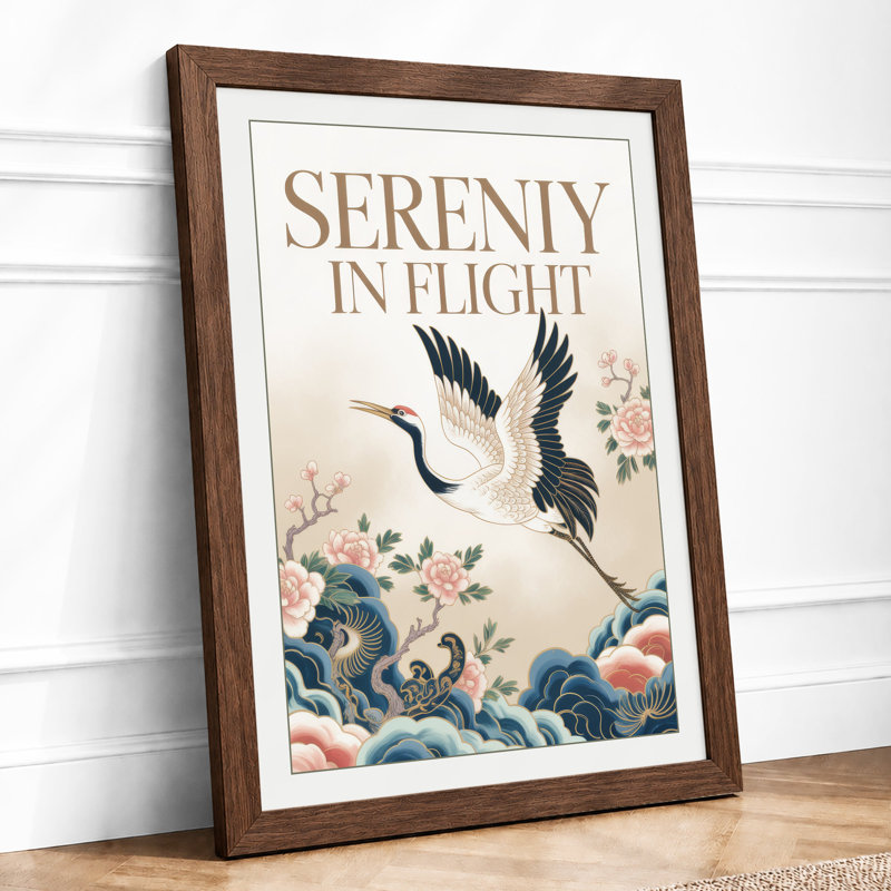 Cranes in Flight Japandi - Framed Print, A2 - 59.4 x 42.0 cm, Walnut