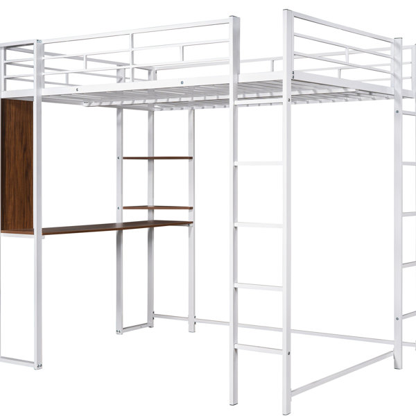 Latitude Run® Metal Loft Bed With Desk And Two Shelves, White - Strong ...