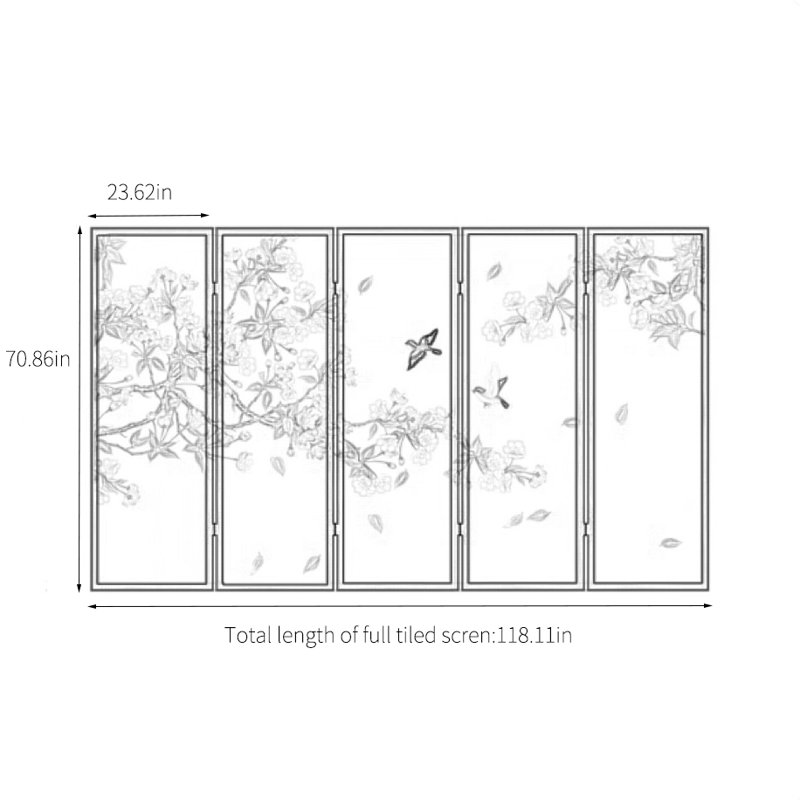 Solid wood flower and bird screen, 70.86" H x 118.11" W x 1.18" D